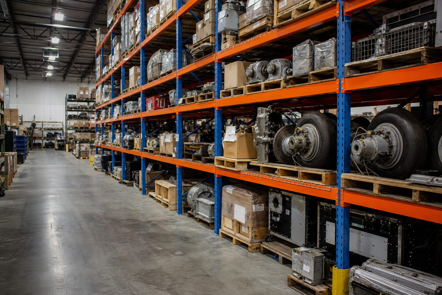 Commercial aviation material stored in an organized warehouse