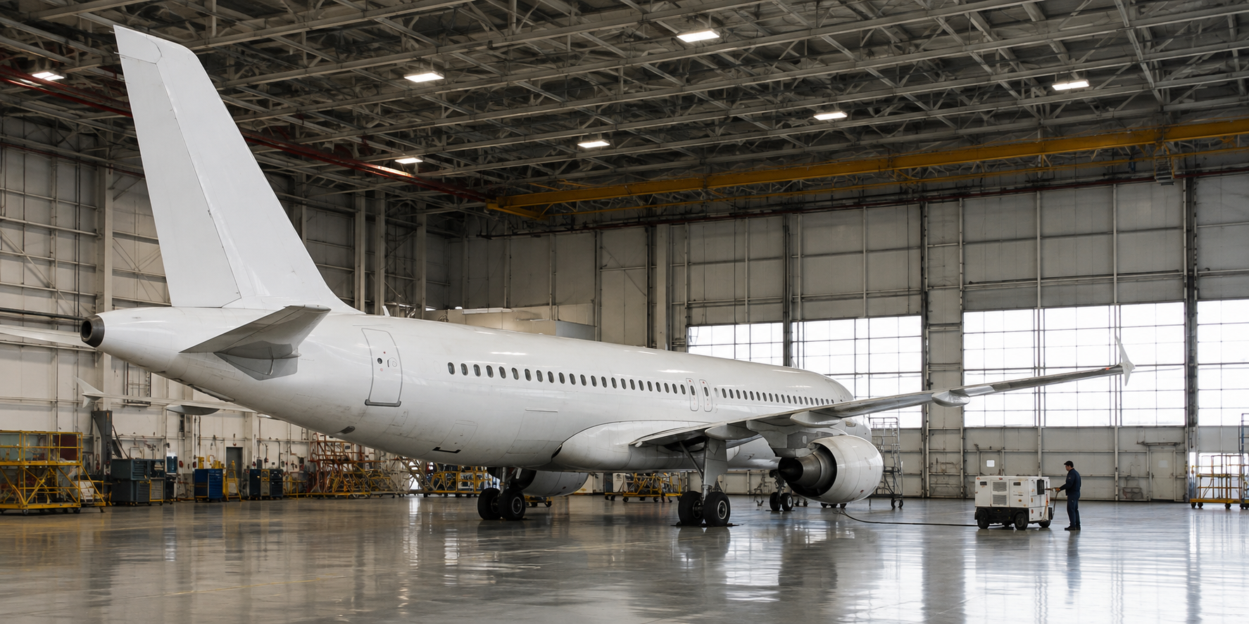 Aircraft supported by ground technicians inside a maintenance hangar