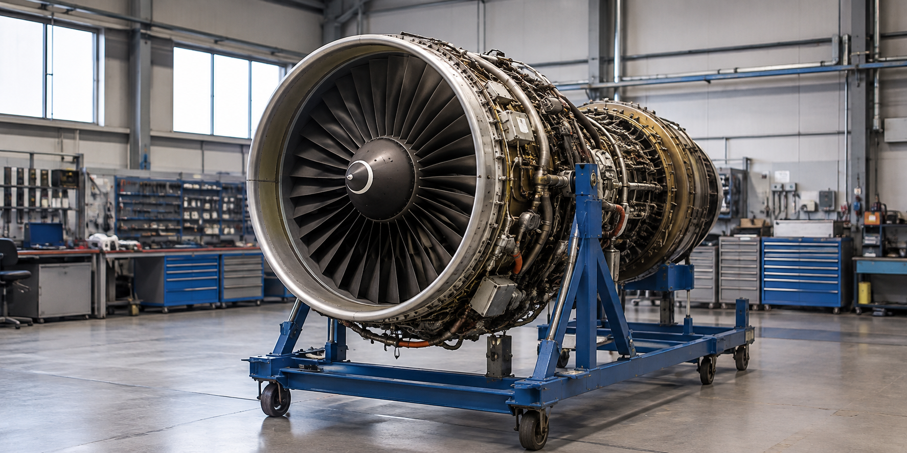 CFM56 turbofan engine on a blue maintenance transport stand