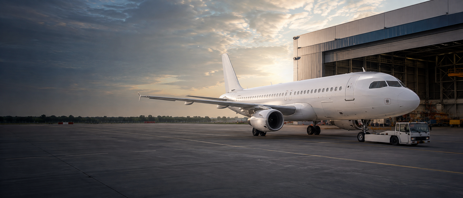 Commercial aircraft positioned outside an aviation maintenance hangar