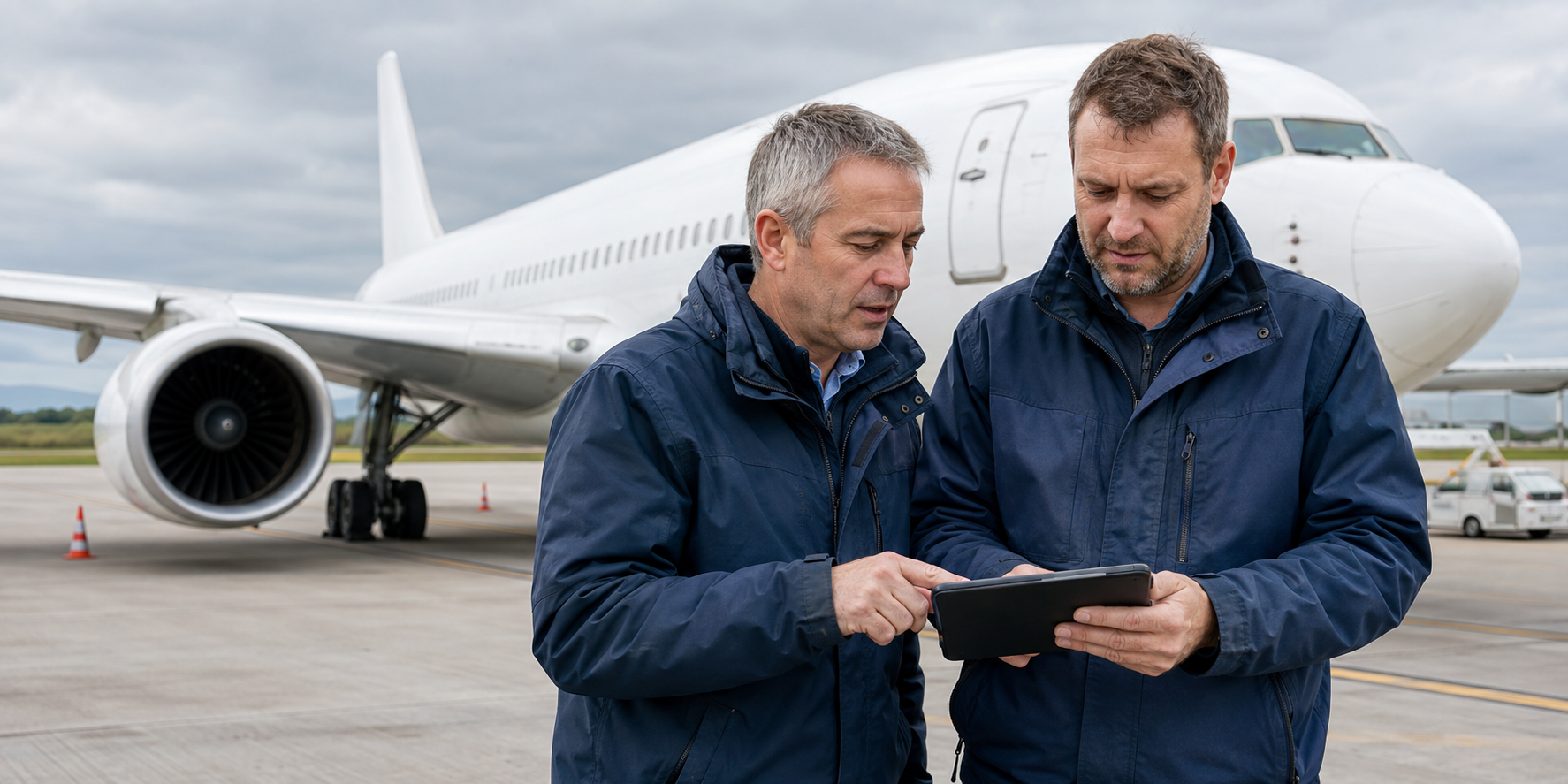 Two aviation asset managers reviewing technical information beside an aircraft