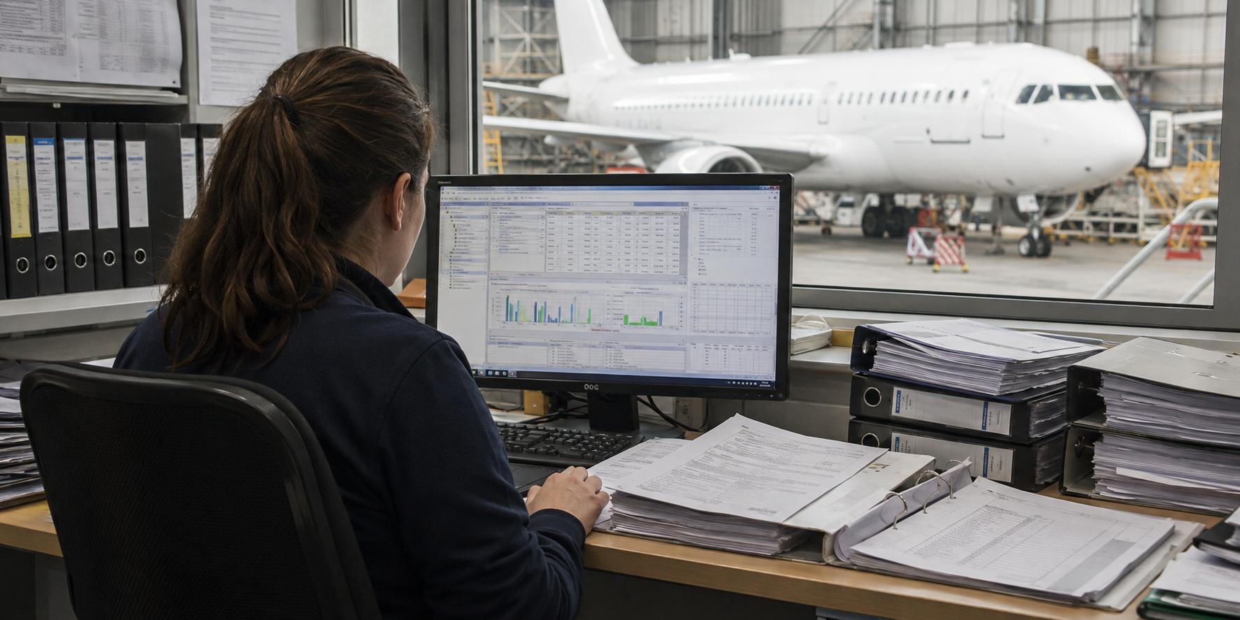 Aircraft records specialist reviewing maintenance documentation