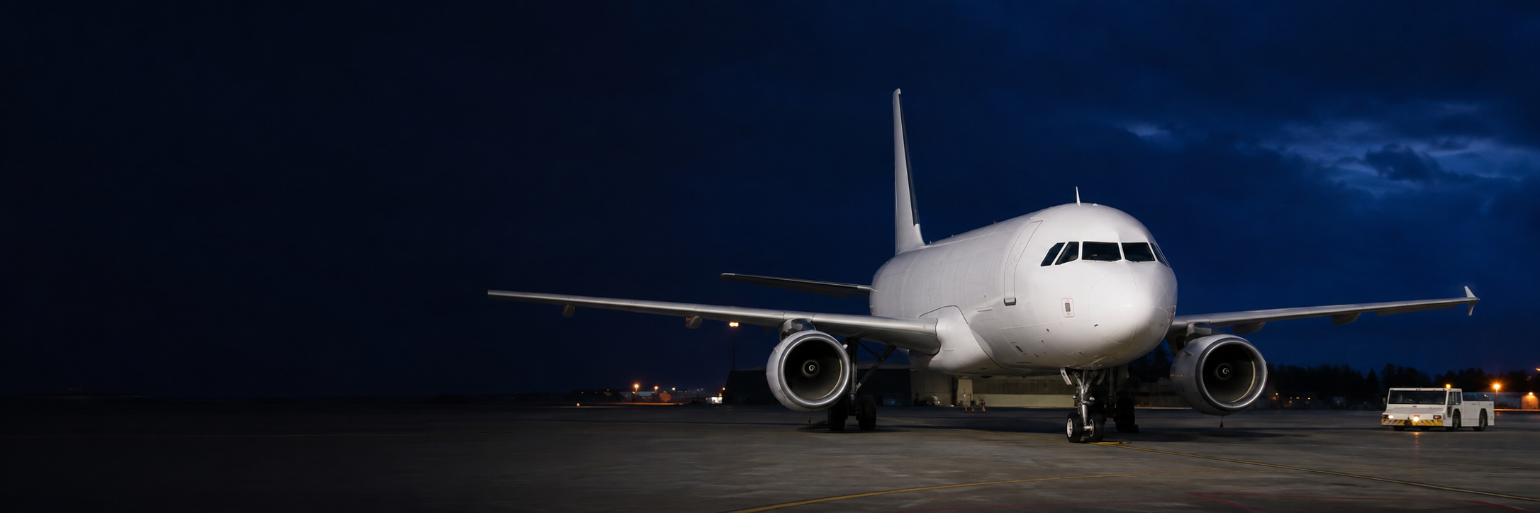 Commercial aircraft on an airport apron at dusk