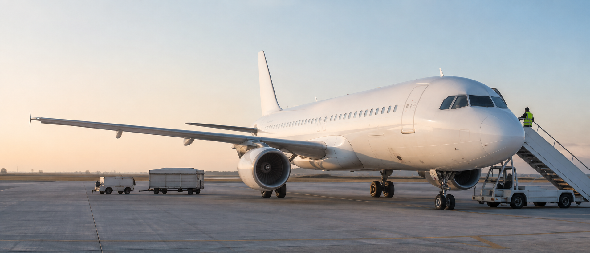 Commercial aircraft supported by ground personnel on an airport apron