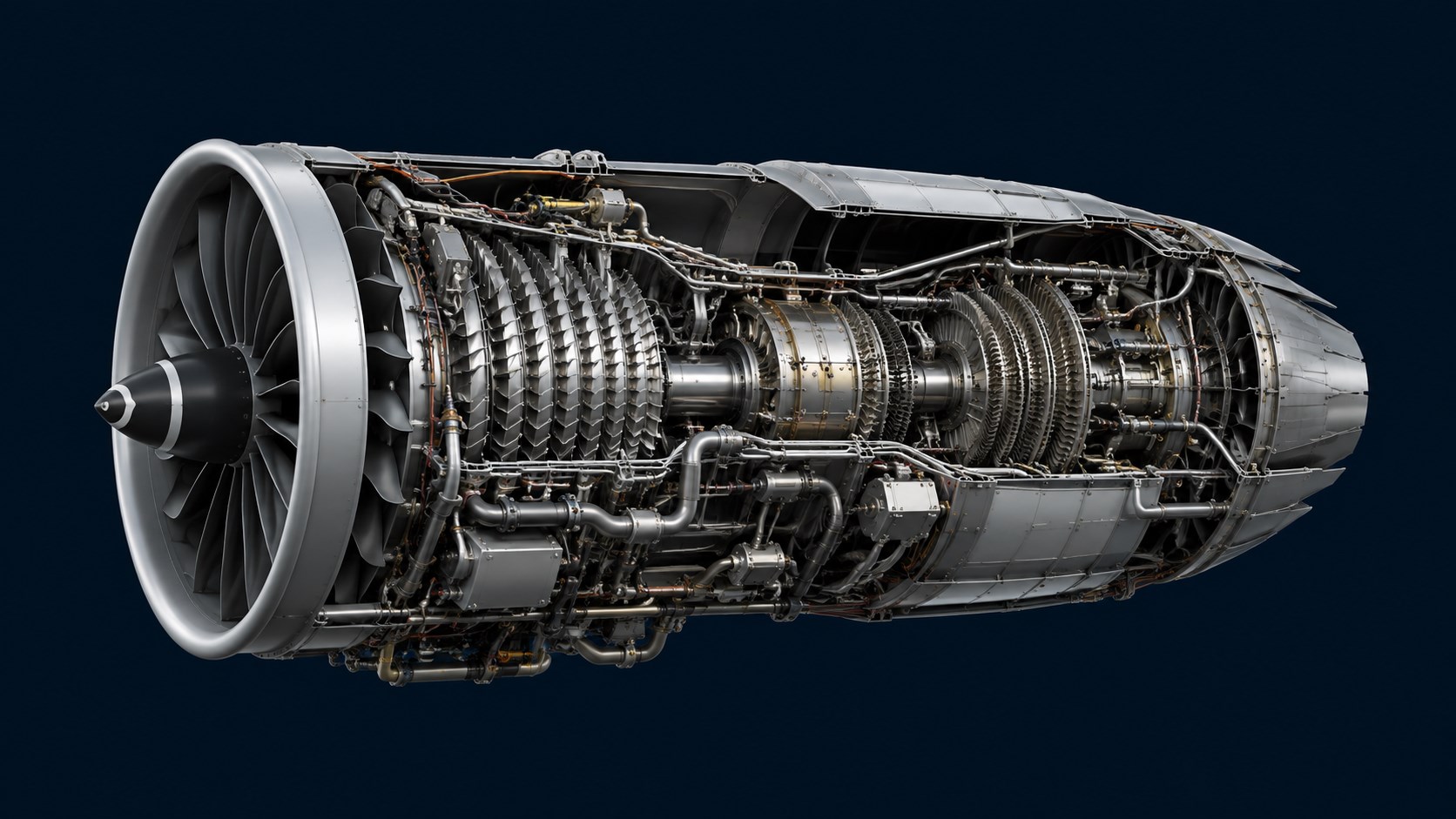 Cutaway commercial turbofan engine showing internal modules