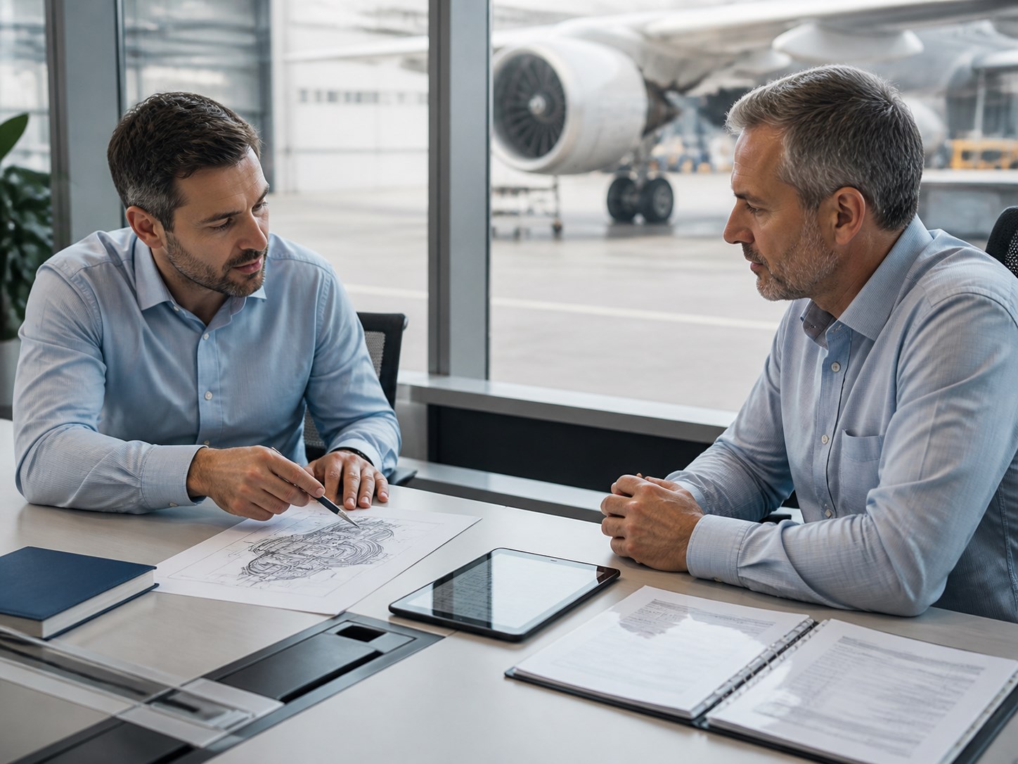Engine asset managers reviewing technical records