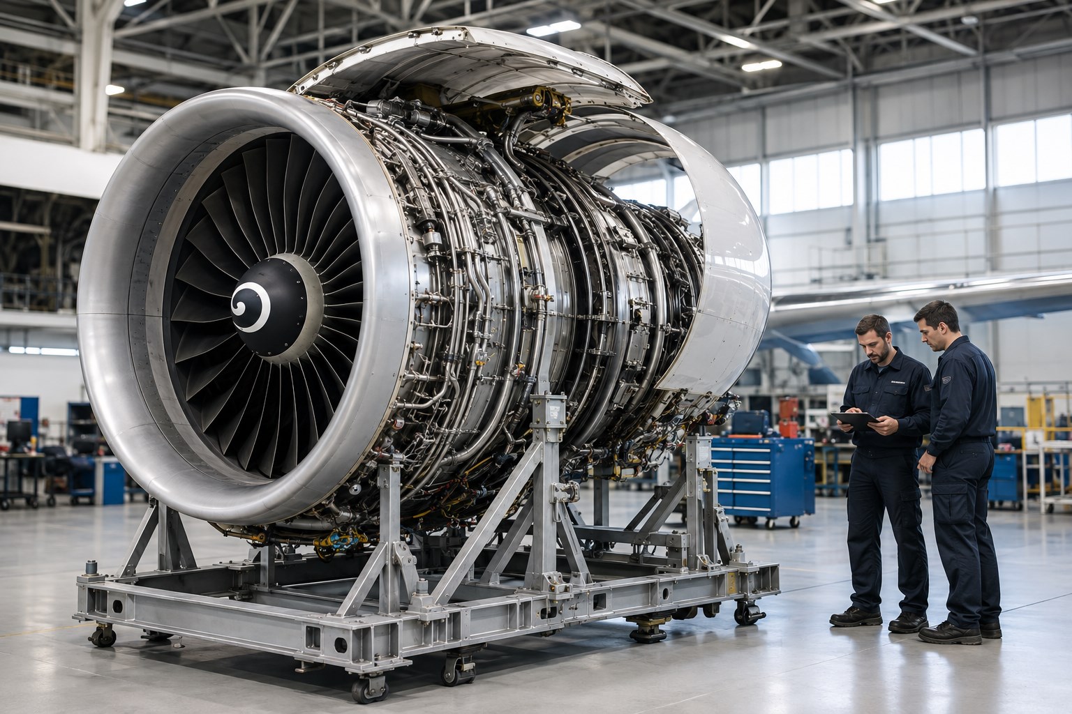 Commercial turbofan engine undergoing maintenance in an MRO hangar