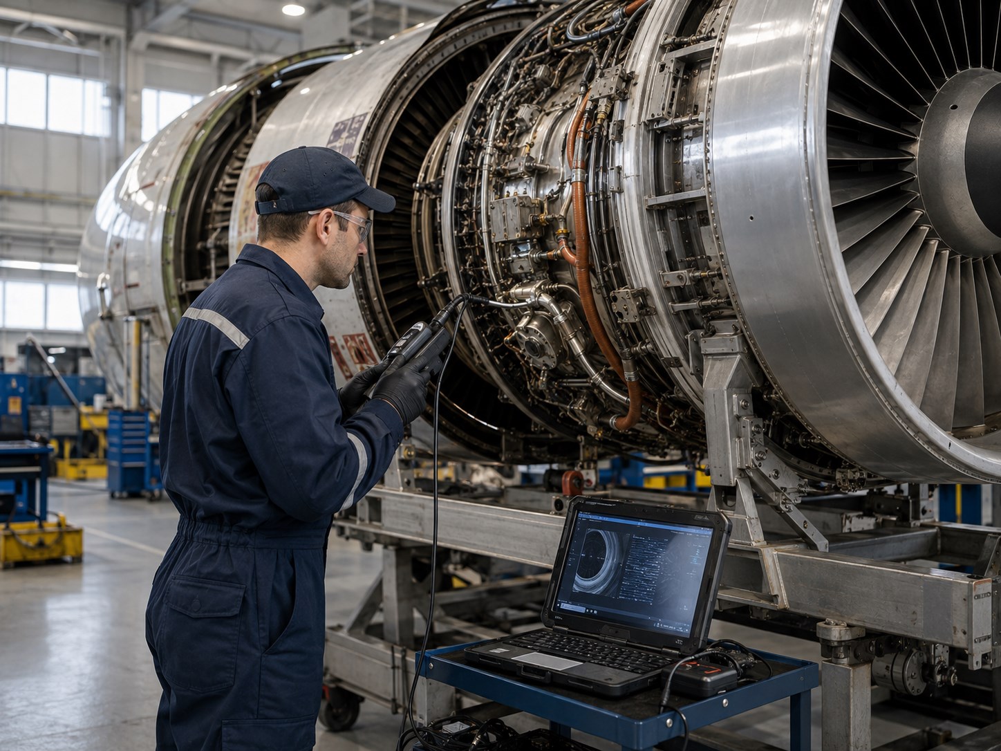 Technician completing engine technical due diligence