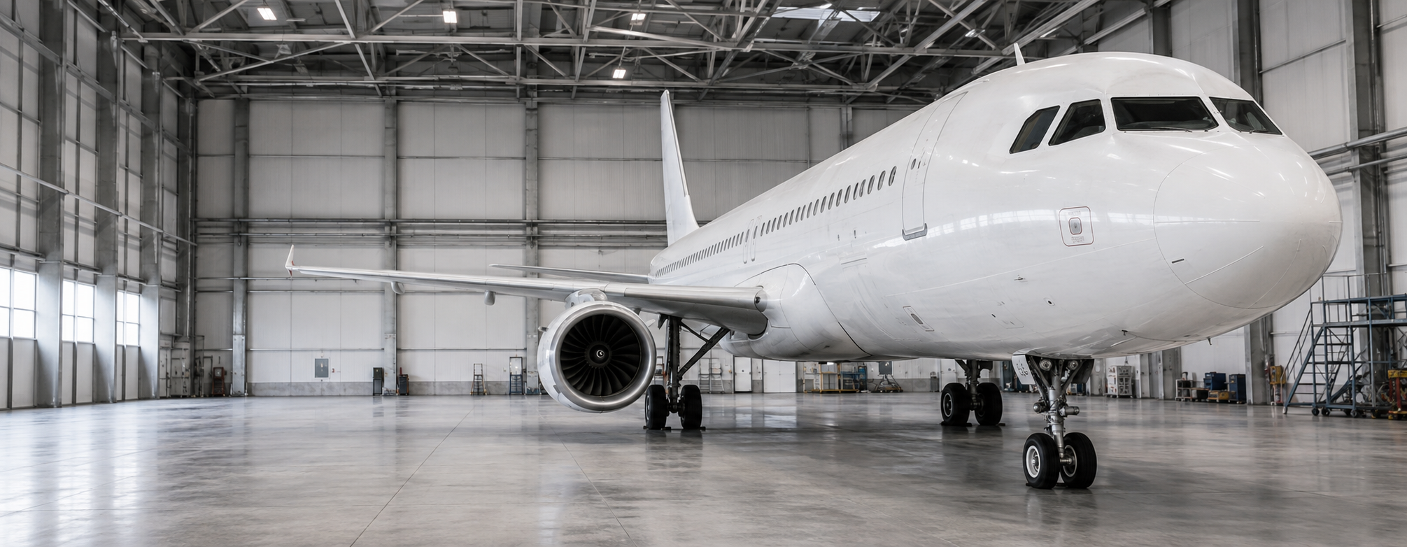 White passenger aircraft parked inside a maintenance hangar