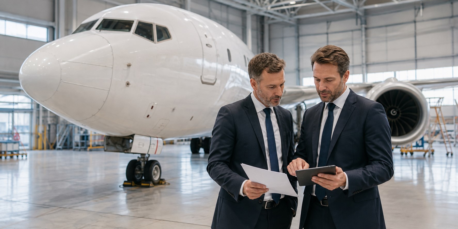 Aviation finance executives reviewing an aircraft transaction