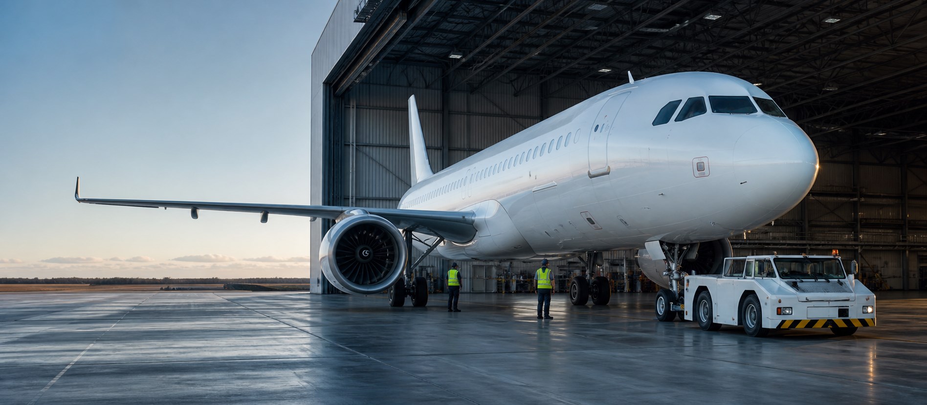 Unbranded commercial aircraft supported in a maintenance hangar