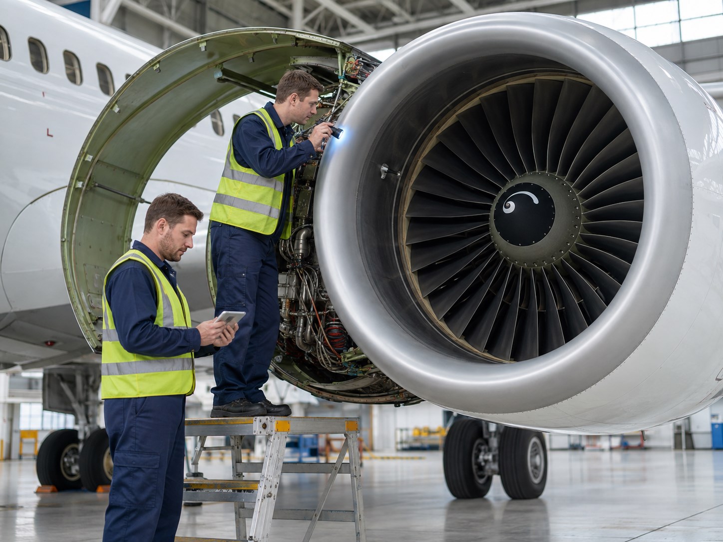 Technicians conducting independent engine due diligence