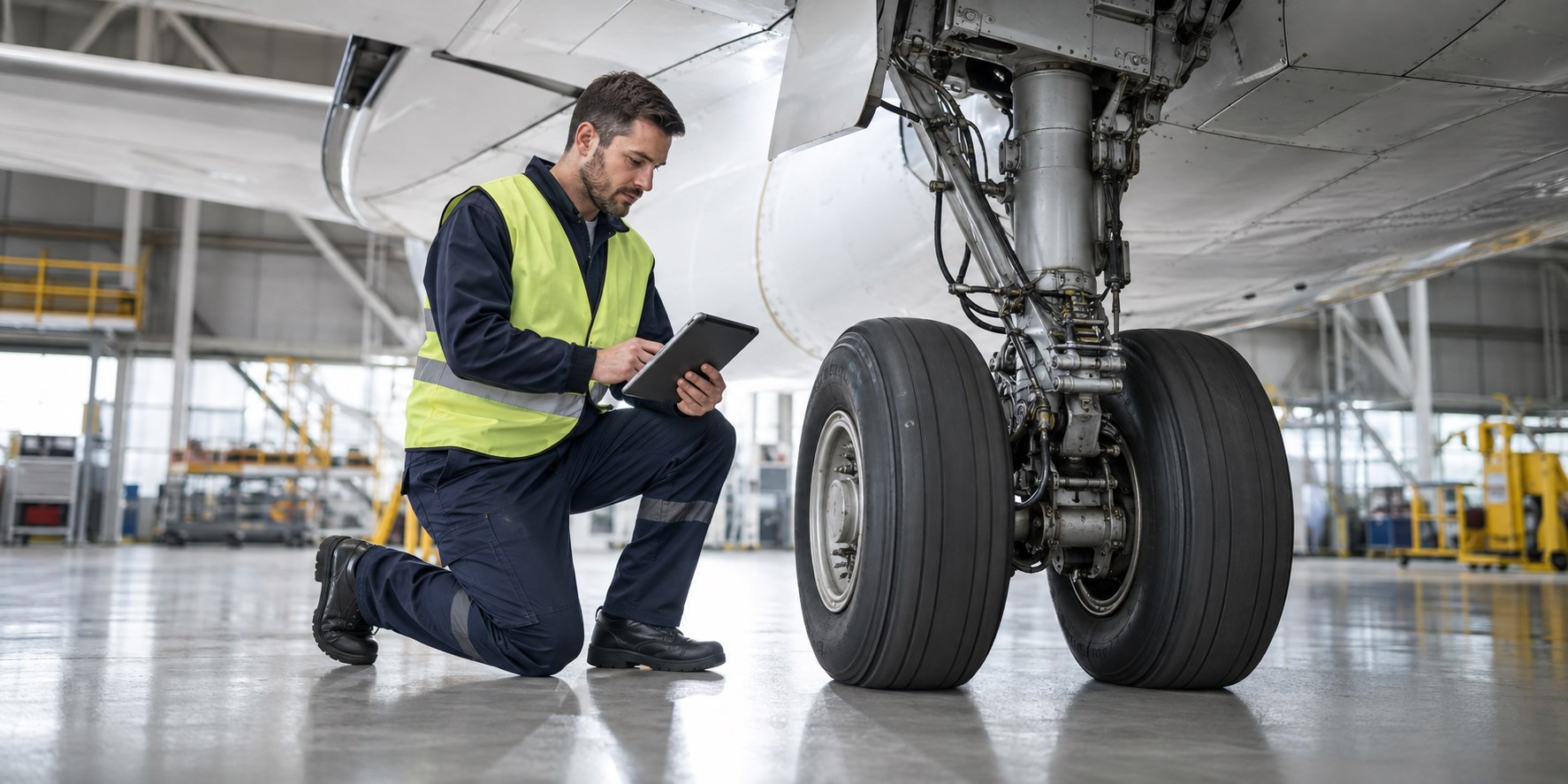 Aircraft inspector reviewing landing gear condition