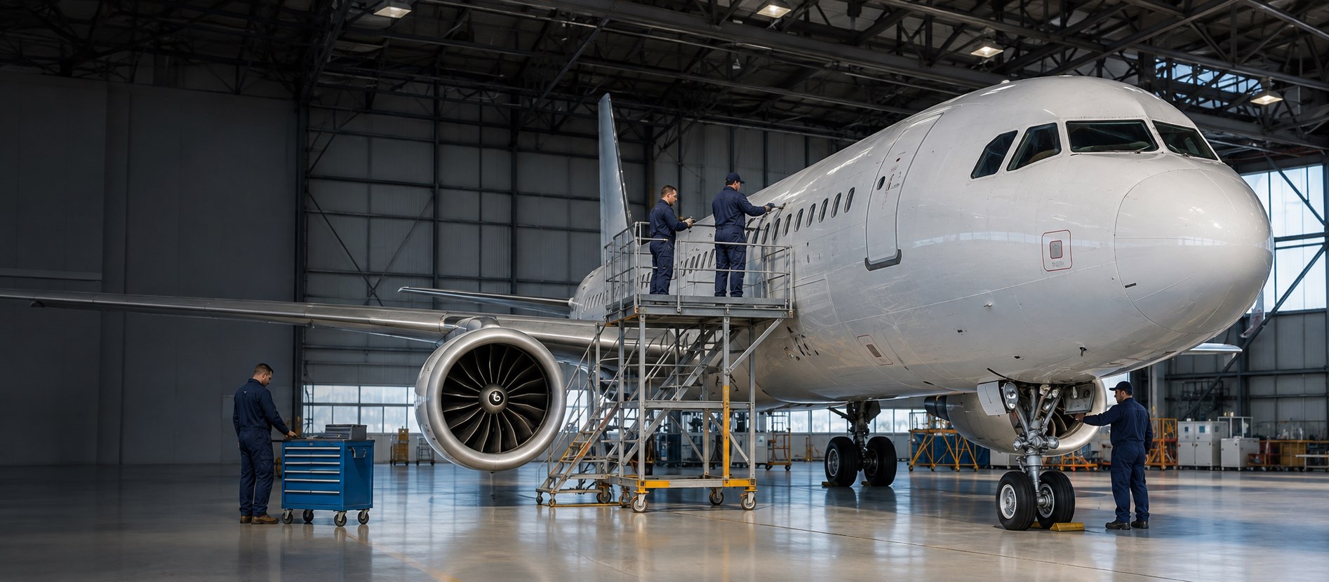Aircraft undergoing technical inspection inside a maintenance hangar